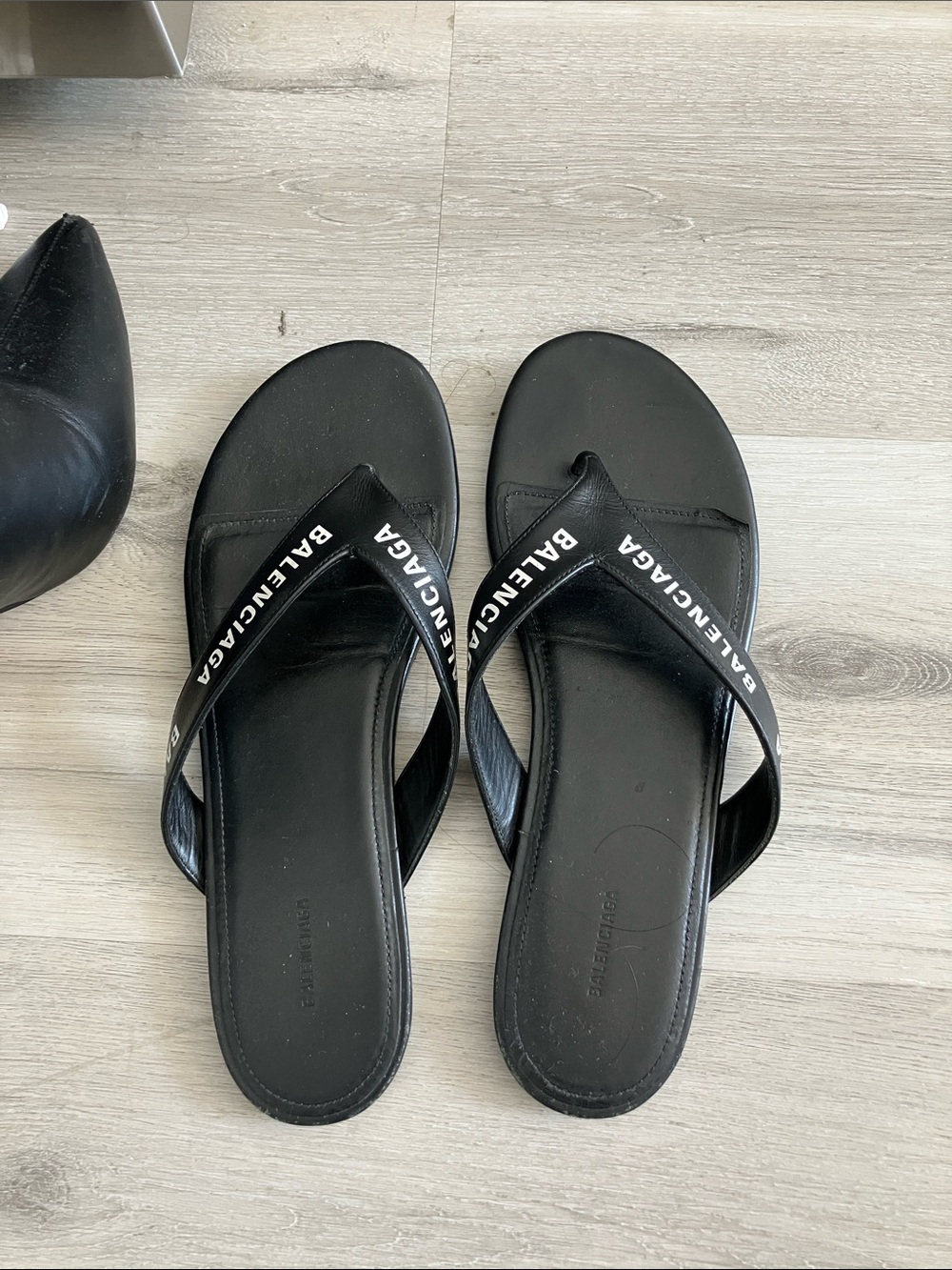 Balenciaga Calfskin Black Logo Strap Flip Flop Sandals